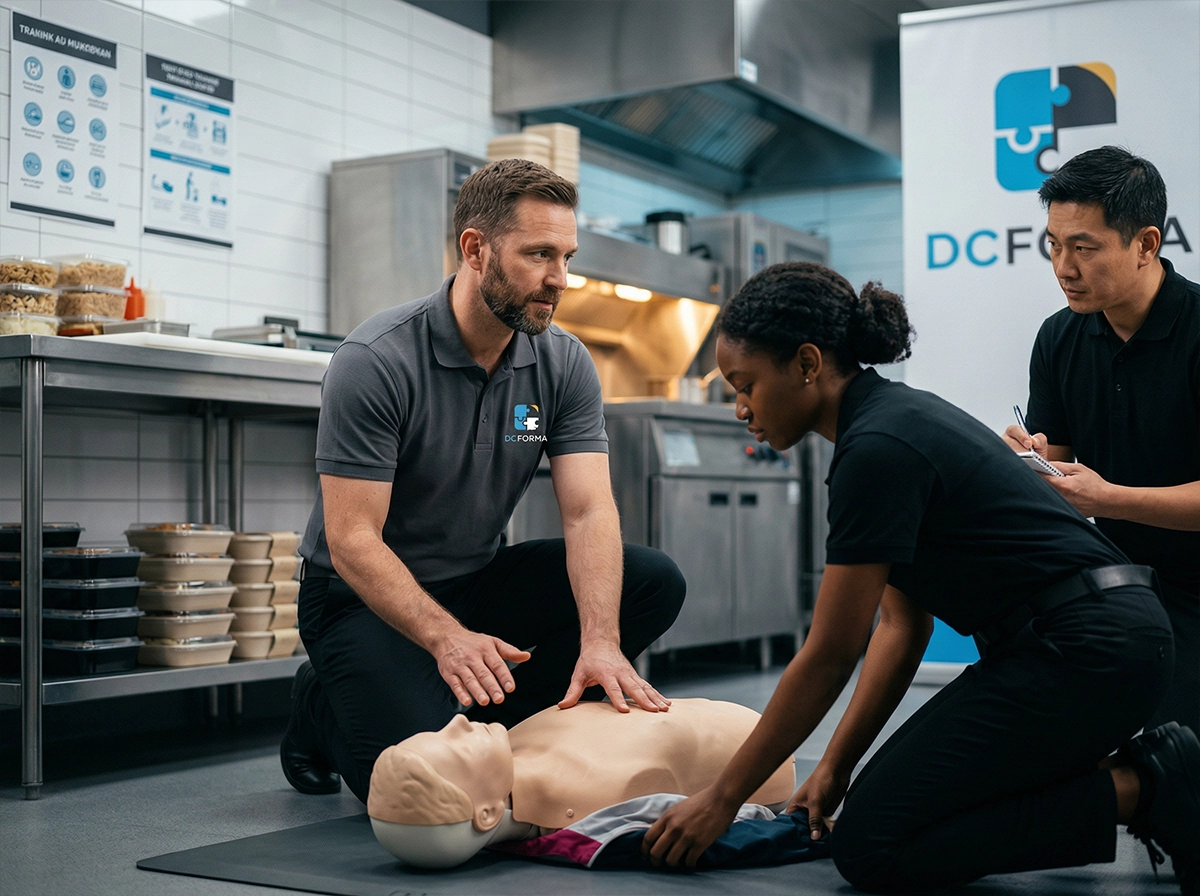 Formation premiers secours en restauration rapide à Dijon avec formateur guidant un apprenant sur mannequin