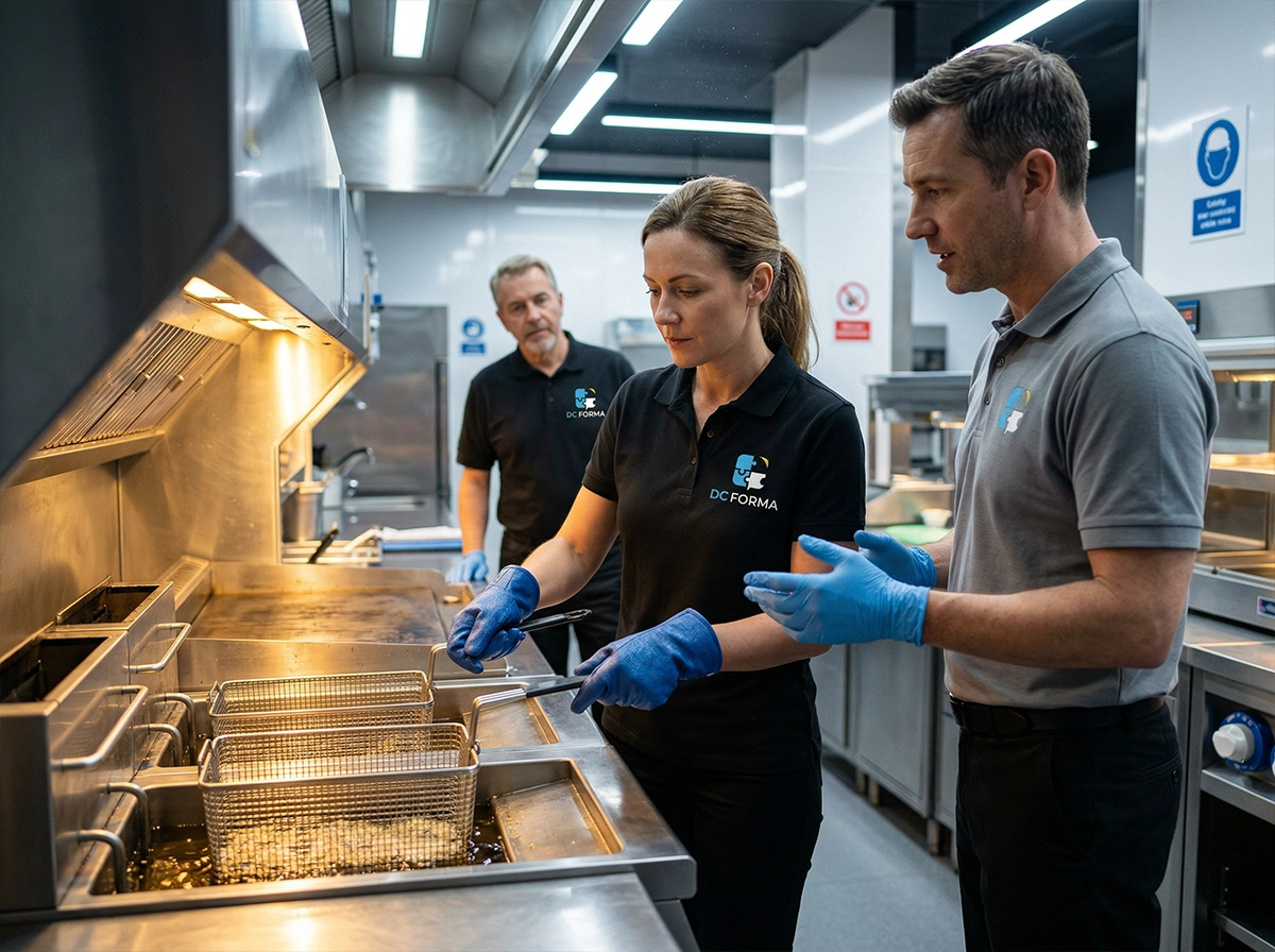 Formation sécurité au travail en restauration rapide à Dijon avec apprenant utilisant une friteuse sous supervision d’un formateur