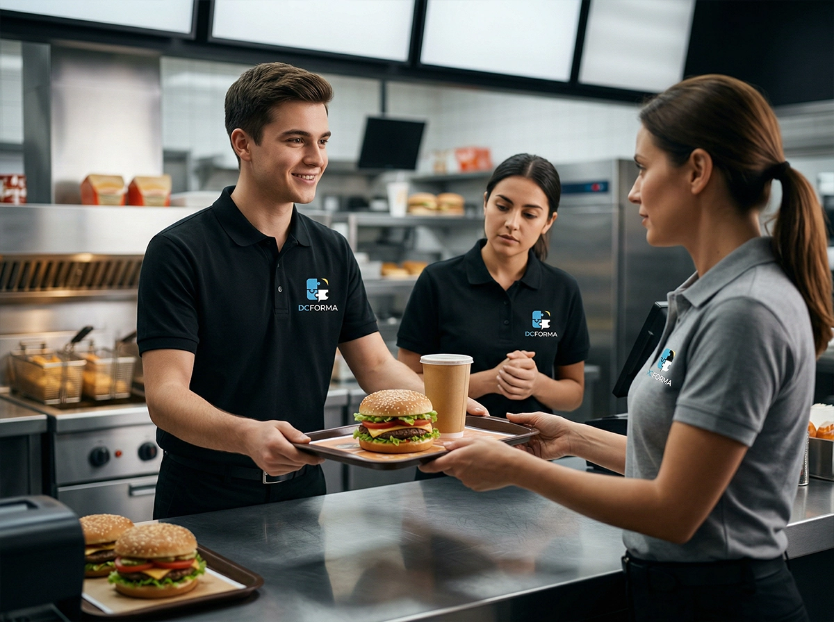 Formation service client en restauration rapide à Dijon avec apprenant servant un plateau sous supervision d’un formateur