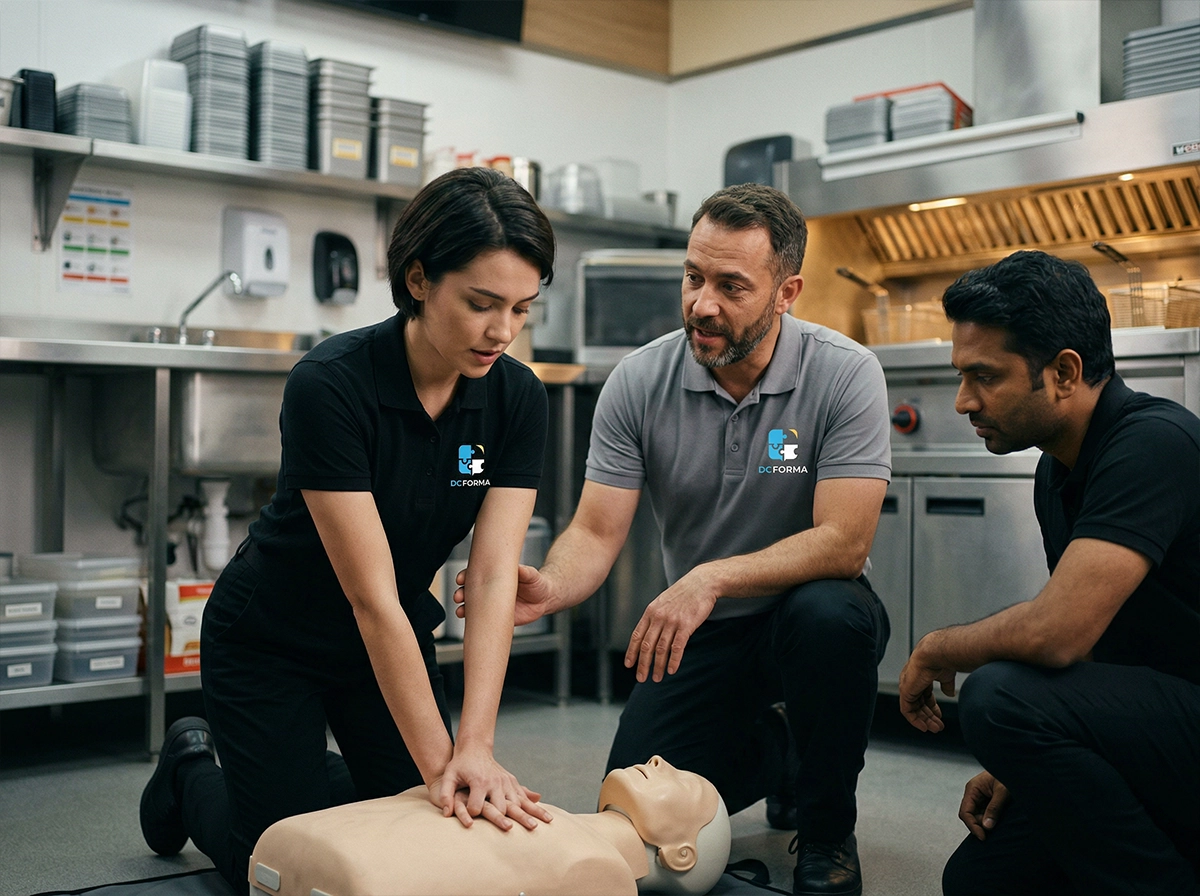 Formation SST en restauration rapide à Dijon avec apprenant réalisant un massage cardiaque sous supervision d’un formateur