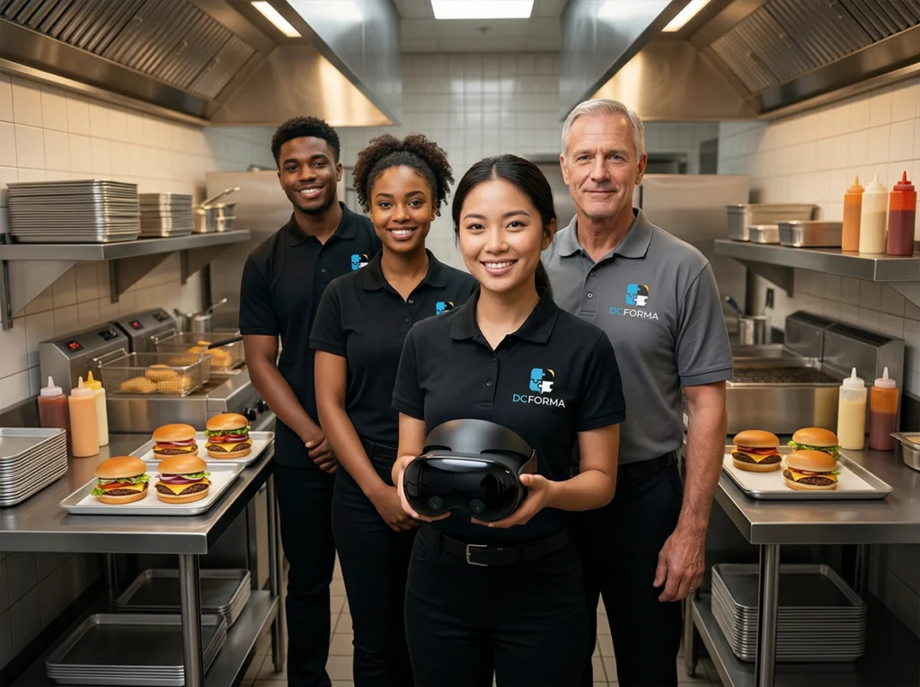 Équipe en formation en réalité virtuelle en restauration rapide à Dijon avec apprenants et formateur souriants