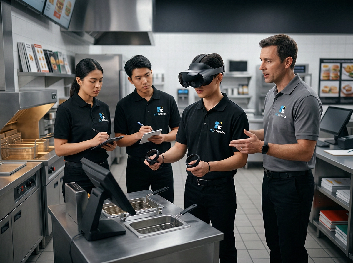 Formation en réalité virtuelle en restauration à Dijon avec formateur et apprenants en situation immersive